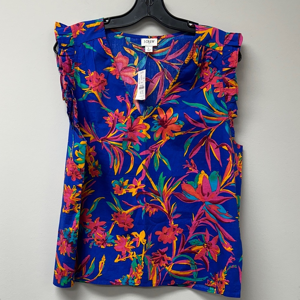 NWT J Crew multi floral ruffle sleeveless V-neck top large vacation tropical